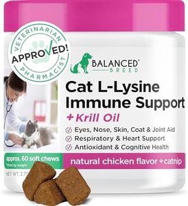 Balanced Breed L-Lysine Cats Immune Support Soft Chews Made in USA Non-GMO Vet-Pharmacist Approved Krill Oil Omega 3 Cat Vitamins Indoor Cats Supplements Asthma Relief Cat Lysine Allergy Relief 60 ct.