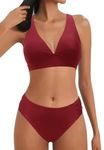 Women Bikini Set V Neck Swimsuit High Waist Lace Up Mid Rise Two Piece Bathing Suit Wide Strap Triangle Bikini Push Up Swimming Costume(Wine Red,L)