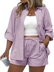 IN'VOLAND Women's Plus Size 2 Piece Outfits Cotton Linen Shirt and Drawstring Shorts Set Summer Casual Tracksuits 2023