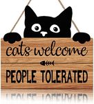 TOARTi Cat Sign,Black Cat Welcome Wood Plaque for Home Decor,Funny Cat Quote “Cats Welcome, People Tolerated” Door Hanging Decor,Pet Cat Lover Gifts for Outdoor Kitty Kitten Wall Art Pediment Pet Shop