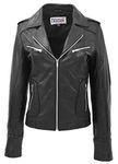Womens Real Leather Biker Jacket Zipped Casual Style Kim (12, Black)