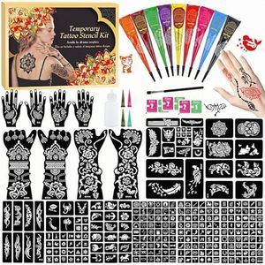 255 Pcs Temporary Tattoo Kit,9 Colors Tattoo Cones,Large 18 Sheets Stencils