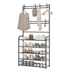 UDEAR Coat Rack,3 in 1 Design,Large Capacity,with 5-Tier and 8 Hooks Shoes Storage Shelf for Bedroom,Hallway,Entryway,Easy to Assemble,Black