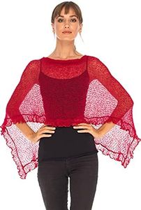 SHU-SHI Womens Sheer Poncho Shrug Lightweight Knit Ruffle Sweater Top Red