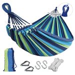 Camping Hammock 9FT Double Hammock with Spreader Bar, 2 Person Large Hammock with Tree Hanging Rope and Carabiner for Patio Porch Backyard Travel Outdoor Indoor- Soft Canvas Fabric(Blue Green Stripes)