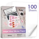 Koala Printable Vinyl Sticker Paper for Inkjet Printers - 100 Sheets Glossy White Waterproof Adhesive Label Paper - 8.5x11 Inch, Tear-Resistant, Removable