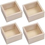 BELLE VOUS Square Unfinished Wooden Craft Storage Organiser Boxes (4 Pack) - 9.5 x 9.5 x 5cm - Rustic Natural Wood Container Box Set for Home/Venue Decor, Collectibles, Succulents and DIY