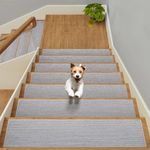 BONACA Linen Stair Treads Non Slip Indoor 30x8 Inch, 15Pcs Upgraded Stair Carpets, Peel and Stick Stair Runner Rugs for Wooden Steps with Reusable Anti Slip Self-Adhesive Backing (Light Grey).