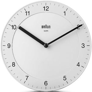 Braun Classic Analogue Wall Clock with Quiet Quartz Movement, Easy to Read, 20cm Diameter in White, Model BC06W.