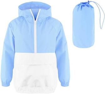 MODAFANS Girls Boys Rain Jacket Lightweight Waterproof Packable Hooded Half zip RainCoats Windbreaker for Outdoor 12-13T,White-blue
