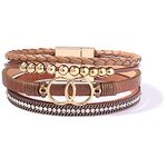 Boho Wrap Bracelets Leather Cuff Bangle Gold Beaded Bracelets for Women Stackable Infinity Bracelets Jewelry with Magnetic Clasp(Brown)