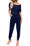 DouBCQ Womens Casual Short Sleeve Jumpsuits Elastic Waist Jumpsuit with Pockets, Navy Blue, Medium