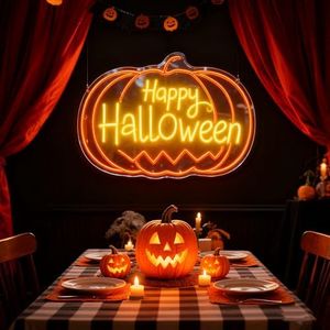 Custom LED Happy Halloween Lights, Personalized Pumpkin Halloween Neon Signs for Wall, Window, Room, Home, Party, Yard, Battery Operated or USB. RGB for Indoor, Outdoor, Commercial.