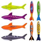 LUTER 8pcs Pool Diving Toy Set, Premium Underwater Swimming Diving Pool Toys Torpedo Underwater Gliders Shark Throwing Toys for Kids Ages 8-12 Boys Girls (4pcs Torpedo+4pcs Sharks)