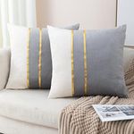 ZLINA Set of 2 Velvet Decorative Throw Pillow Covers Grey White Patchwork with Gold Leather Pillow Covers 18 × 18 Inch Cushion Covers Decor Living Room Sofa Bedroom Car