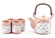 Happy Sales, Japanese Style Lucky Cat Fortune Cat Maneki Neko Porcelain Tea Set Teapot with Strainer, Rattan Handle and 4 Tea Cups (PinkCat)