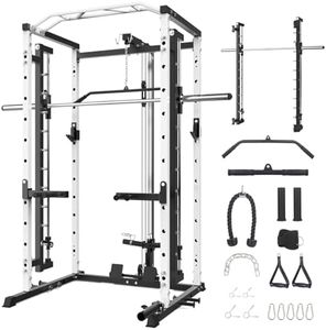 GarveeLife Power Cage with SmithBar - 1600 LBS Premium Power Rack with LAT Pulldown, Power Rack with Cable Pulley System, Dip Handles and J-Hooks, Home Gym Equipment for Versatile Workouts, White