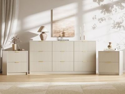 MAISONARIA 3-Piece Dresser Bedroom Set, 9 Drawer Dresser & 2 Drawer Nightstands with Gold Handles, Fluted Wood Chest of Drawers for Bedroom, Living Room, Entryway, Beige