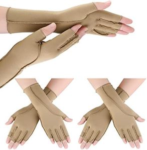 Janmercy 3 Pairs Arthritis Compression Gloves Outside Seams Fingerless Compression Gloves for Women Men Carpal Tunnel Swelling (Nude, Normal)