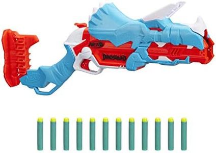 Nerf DinoSquad Tricera-Blast Blaster, Hinged 3 Dart Bar, 12 Nerf Darts, Dart Storage, Triceratops Design