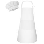 Bouiexye 1 Set Kids Apron and Chef Hat Set Children Apron Adjustable with 2 Pockets Children Chef Painting for Cooking Baking Painting Crafts Making (White)