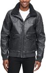 Tommy Hilfiger Men's Faux Leather Bomber Jacket, Black/Patches, Large