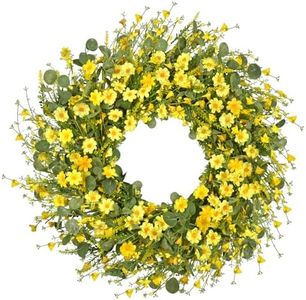 GRBAMBI 22 Inch Artificial Daisy Flower Spring Wreath with Eucalyptus Green Leaves Wreath Farmhouse Wreath for Front Door Wall Home Party Decorations