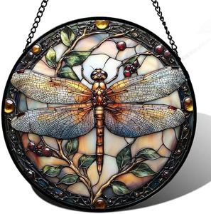 DASTOLL Stained Glass Window Hanging - Dragonfly Plant Suncatcher Ready to Hang Window Doors Home Decoration, Christmas, Mother's Day Birthday Gifts for Women, Men, and Mom 14.9x14.9 in
