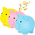 CCCYMM 3 Pcs Small Cute Piggy Bank Plastic Pig Money Bank Adults Piggy Bank Pig Money Box Coin Bank Plastic Saving Coin Box for Boys Girls Kids (Pink, Blue, Yellow)