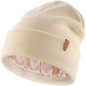 FURTALK Satin Lined Beanie for Women Men Knit Beanie Hat Acrylic Winter Hats Warm Slouchy Skull Cap Beige