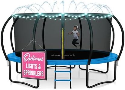 JoyBerri Upsurge Trampoline Outdoor - ASTM Certified Safe 8Ft 10Ft 12Ft 14Ft 15Ft 16Ft Recreational Trampoline for Kids and Adults. Anti-Rust Coating with Enclosure Net, Ladder, Sprinkler & LED Lights