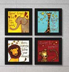 SAF paintings Set of 4 Animal Design Motivational UV Coated Home Decorative Gift Item Framed Painting 19 x 19 inch SET4_8, Multicolour