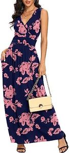 LILBETTER Women Sleeveless Deep V Neck Loose Plain Long Maxi Casual Dress(01 JY Navy Blue Rose,Small)