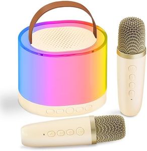 CYY Mini Karaoke Machine for Kids, Portable Karaoke with 2 Wireless Microphones & Light, Birthday Gifts for Girls Ages 4, 5, 6, 7, 8,9,10,11,12+ Years Old Toddler Teens (Beige)