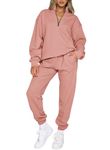 Aleumdr Matching Sets for Women Y2K Two Piece Outfits Sweatsuit Long Sleeve 1/4 Zipper Collar Top with Joggers Pants Sets Pink Medium