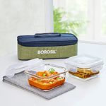 Borosil Ace Borosilicate Glass Lunch Boxes Set of 2 (320 ml Each) with Lunch Bag, Square, Horizontal, Lunchboxes for Office & College, Microwave Safe, Leak Proof (Transparent, Green)