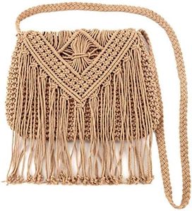 Van Caro Handwoven Cotton Straw Shoulder Bag Crochet Tassel Beach Bohemian Purse for Women, 5736 Light Coffee, One Size