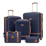 COOLIFE Suitcase Trolley Carry On Hand Cabin Luggage Hard Shell Travel Bag Lightweight with TSA Lock,The Suitcase Included 1pcs Travel Bag and 1pcs Toiletry Bag (Blue/Brown, 5 Piece Set)