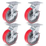 Nefish 6 Inch Industrial Casters Set of 4 Heavy Duty No Noise Polyurethane Wheel on Steel Hub, 4800 Lbs Load Capacity Swivel Plate Casters for Toolbox Workbench (4 Swivel & Brakes)