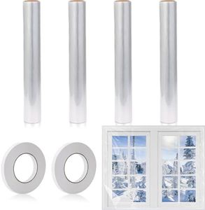 Frienda 4 Roll Window Insulation Kit for Winter, 62 x 210" Indoor Window Plastic Insulation Kit with Double Sided Tape, Clear Shrink Window Covering Film