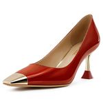 FINDVELL Red High Heels for Women Closed Square Toe Sexy Stiletto Pumps Kitten Heels Wedding Party Dress Shoes, Red, 7