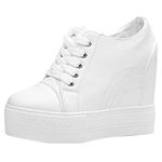 Women Wedges Sneakers with Hidden Heel Ankle High Platform Walking Shoes Fashion Bride Wedding Shoes, White, 8