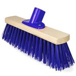 12" Wooden Broom Head with Stiff Hard Blue Bristle Brush – Garden Broom Outdoor for Yard Brush Sweeping - Wood Brush Head with Fitted Broom Handle Bracket