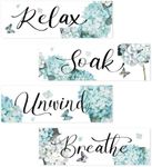 Relax Soak Unwind Wall Art Bathroom Accessories Decor, Modern Bathroom Pictures Decorations, Butterfly Flower Artwork Set of 4 Light Blue