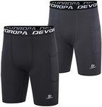 DEVOROPA Youth Boys' Compression Shorts Performance Athletic Base Layers Workout Training Underwear Side Pocket (Pack of 2), Black/Gray(with Side Pockets), Small