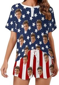 Ufkaa Custom Face Pajamas Set for Women, Personalized American Flag Holiday Lounge Set with Pet Photo, Family Sleepwear, Funny PJs 4th of July Independence Day for Girlfriend, Friend Gag Gift