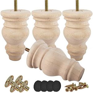 5 inch / 12cm Unfinished Wooden Bun Feet, Btowin 4Pcs Solid Wood Furniture Legs with Threaded M8 Hanger Bolts & Mounting Plate & Screws for Sofa Couch Chair Ottoman Cabinet