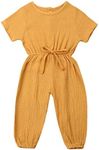 Toddler Baby Girl Summer Fall Basic Plain Short Sleeve Cotton Linen Drawstring Romper Jumpsuit (Mustard Yellow, 6-12 Months)