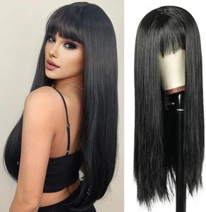 QUEENTAS 25'' Long Black Wig with Bangs Straight Wigs for Women Natural Synthetic Long Hair Glueless Wig