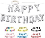 Silver Happy Birthday Banner Balloons, 16 Inch Foil Letters Balloons Banner Reusable Ecofriendly Materialfor Birthday Decorations and Party Supplies(with Ribbon)